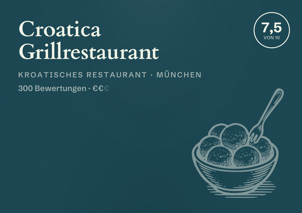 Illustriertes Poster von Croatica Grillrestaurant, Kroatisches Restaurant in München: Bewertung 7,5 von 10 aus 300 Bewertungen, Preisniveau €€