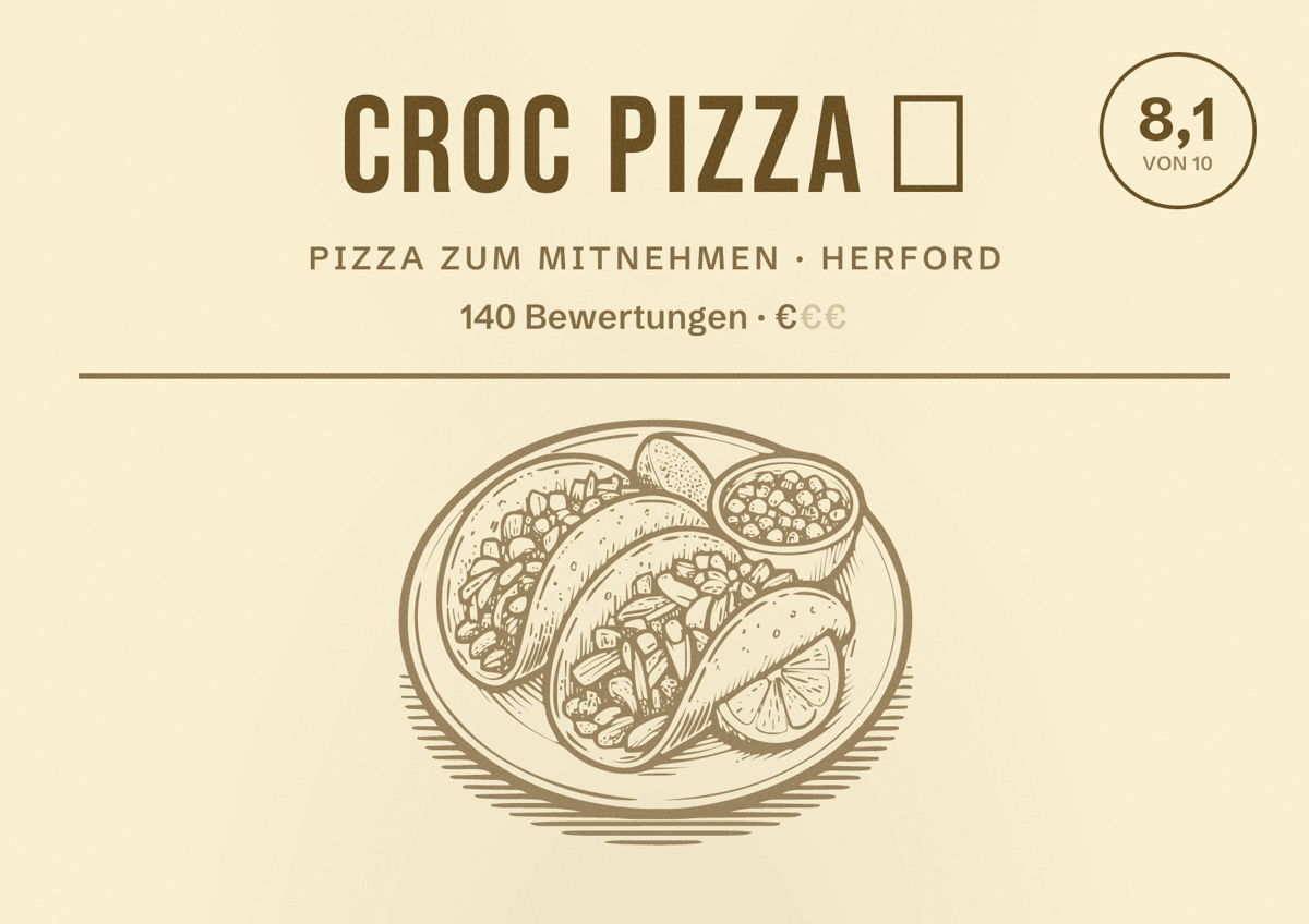 Illustriertes Poster von Croc Pizza 🍕, Pizza zum Mitnehmen in Herford: Bewertung 8,1 von 10 aus 140 Bewertungen, Preisniveau €