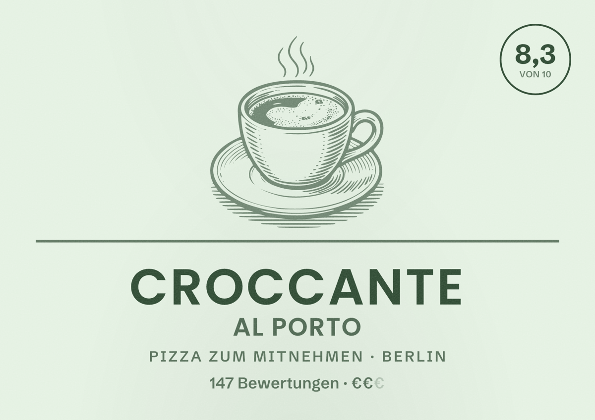 Illustriertes Poster von Croccante al Porto, Pizza zum Mitnehmen in Berlin: Bewertung 8,3 von 10 aus 147 Bewertungen, Preisniveau €€
