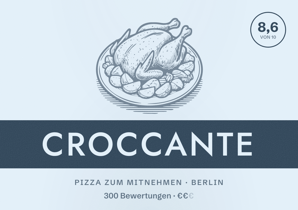 Illustriertes Poster von Croccante, Pizza zum Mitnehmen in Berlin: Bewertung 8,6 von 10 aus 300 Bewertungen, Preisniveau €€