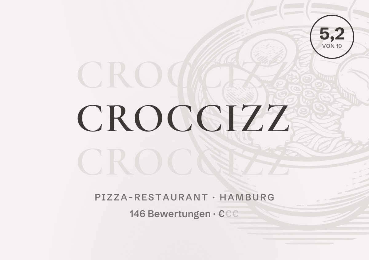 Illustriertes Poster von Croccizz, Pizza-Restaurant in Hamburg: Bewertung 5,2 von 10 aus 146 Bewertungen, Preisniveau €
