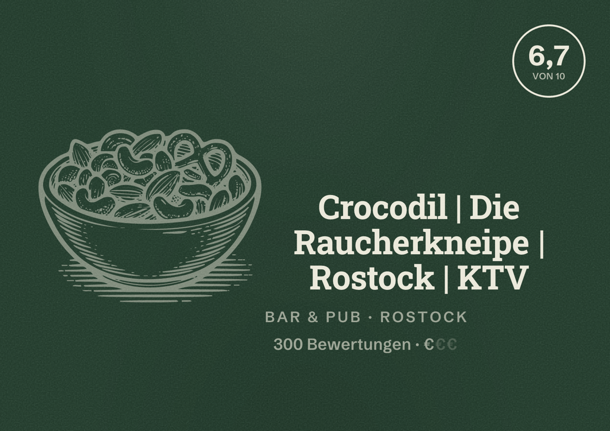 Illustriertes Poster von Crocodil | Die Raucherkneipe | Rostock | KTV, Bar & Pub in Rostock: Bewertung 6,7 von 10 aus 300 Bewertungen, Preisniveau €