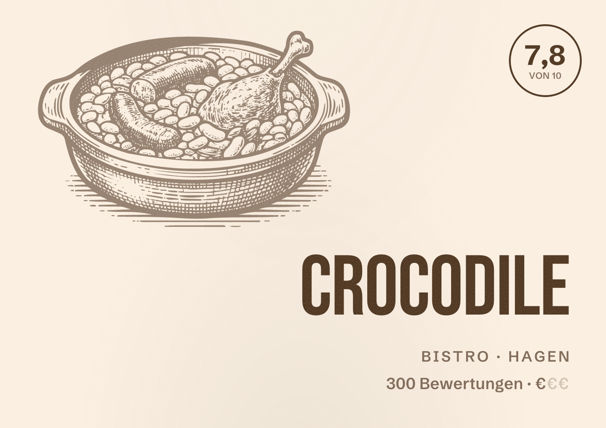 Illustriertes Poster von Crocodile, Bistro in Hagen: Bewertung 7,8 von 10 aus 300 Bewertungen, Preisniveau €