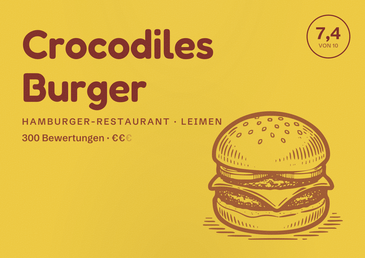 Illustriertes Poster von Crocodiles Burger, Hamburger-Restaurant in Leimen: Bewertung 7,4 von 10 aus 300 Bewertungen, Preisniveau €€