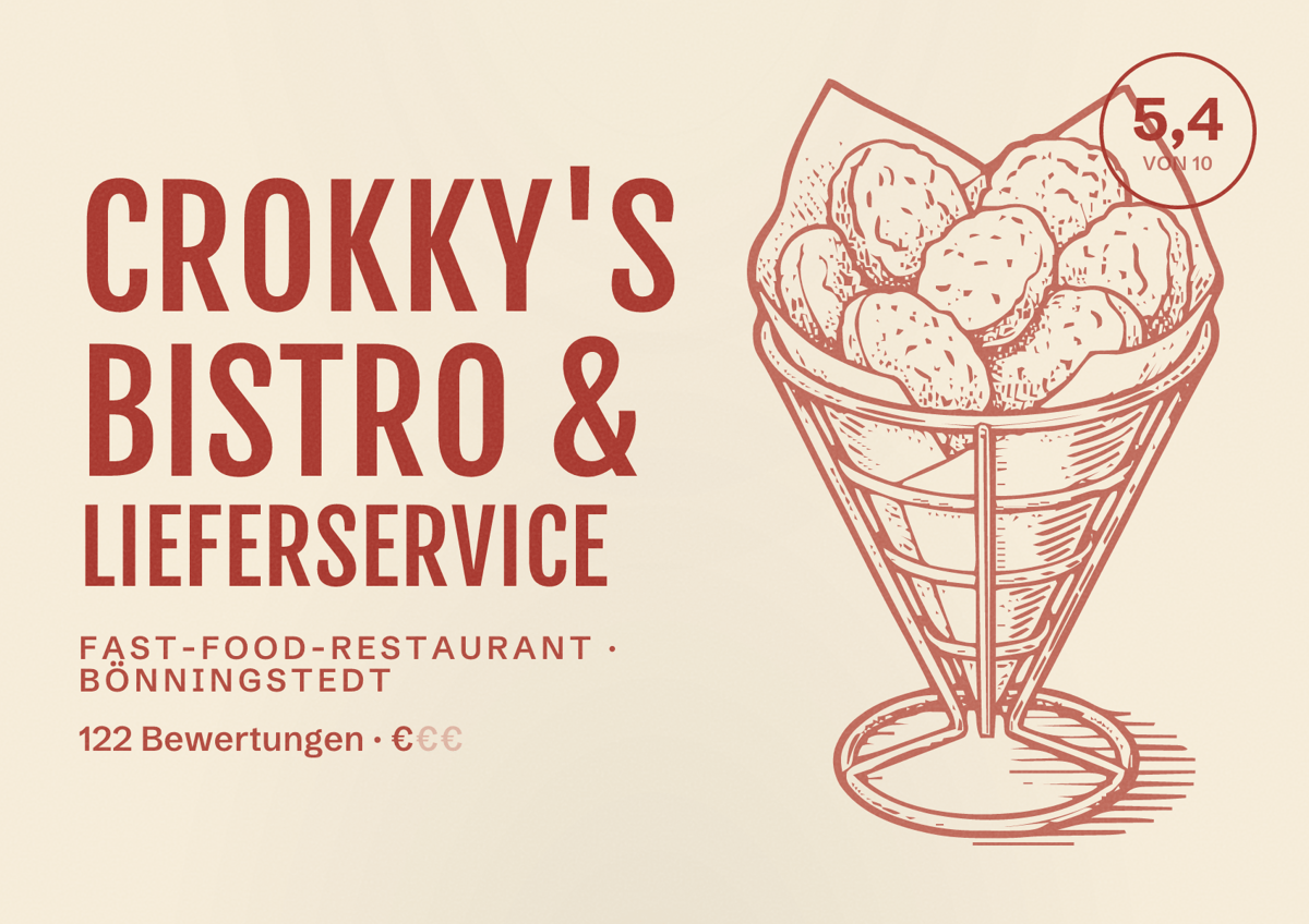 Illustriertes Poster von Crokky's Bistro & Lieferservice, Fast-Food-Restaurant in Bönningstedt: Bewertung 5,4 von 10 aus 122 Bewertungen, Preisniveau €