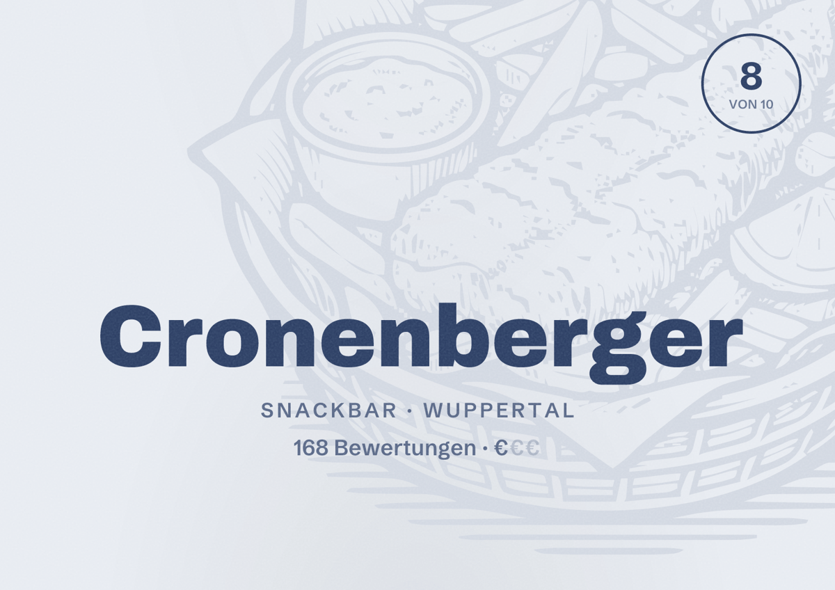 Illustriertes Poster von Cronenberger, Snackbar in Wuppertal: Bewertung 8 von 10 aus 168 Bewertungen, Preisniveau €