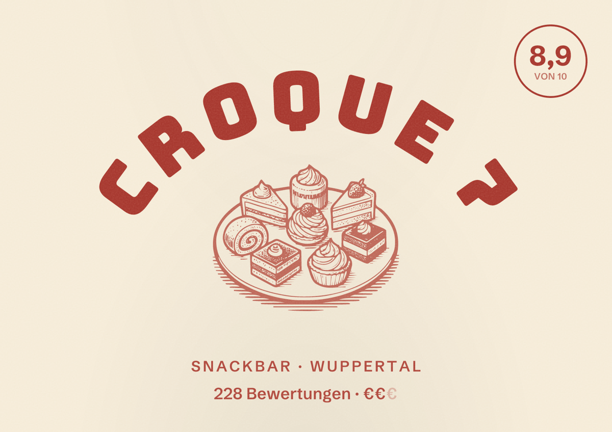 Illustriertes Poster von Croque 7, Snackbar in Wuppertal: Bewertung 8,9 von 10 aus 228 Bewertungen, Preisniveau €€