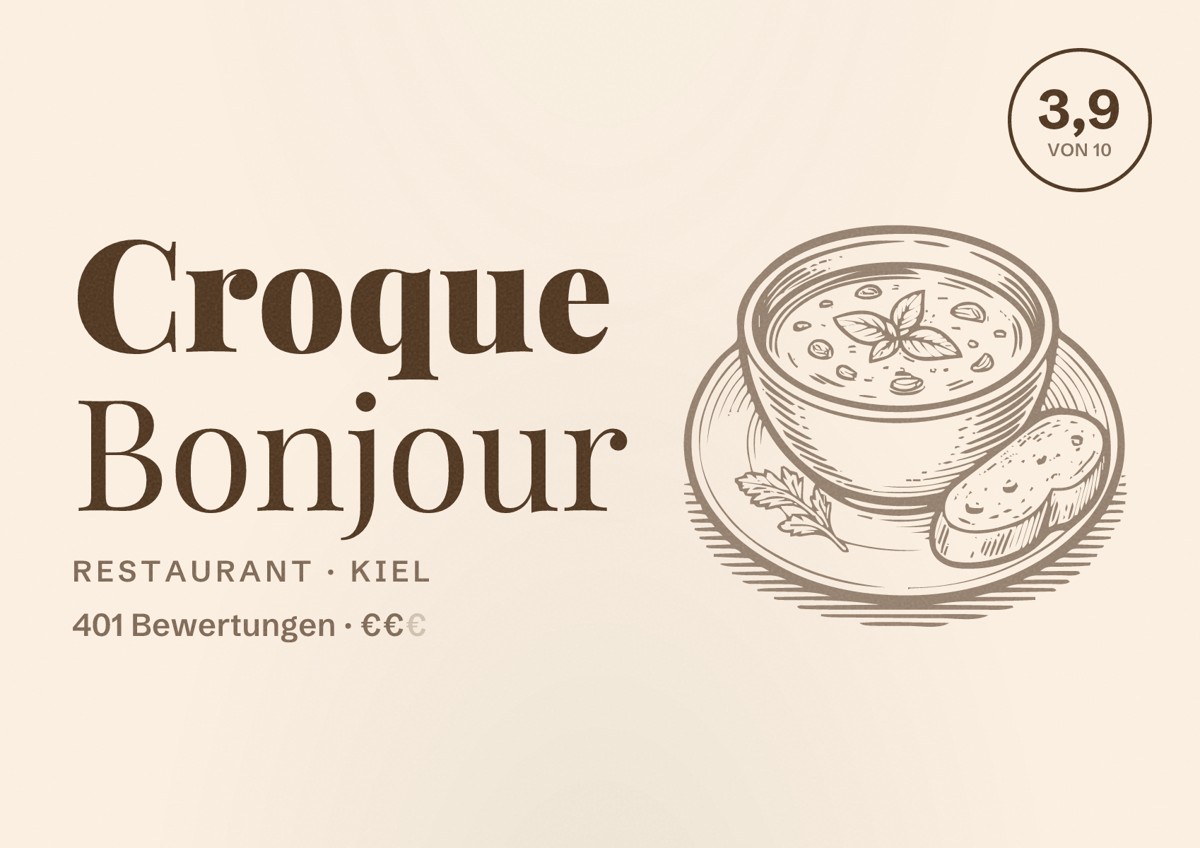 Illustriertes Poster von Croque Bonjour, Restaurant in Kiel: Bewertung 3,9 von 10 aus 401 Bewertungen, Preisniveau €€