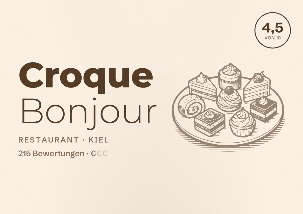 Illustriertes Poster von Croque Bonjour, Restaurant in Kiel: Bewertung 4,5 von 10 aus 215 Bewertungen, Preisniveau €