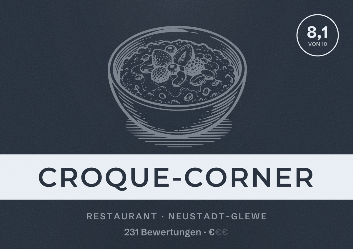 Illustriertes Poster von Croque-Corner, Restaurant in Neustadt-Glewe: Bewertung 8,1 von 10 aus 231 Bewertungen, Preisniveau €
