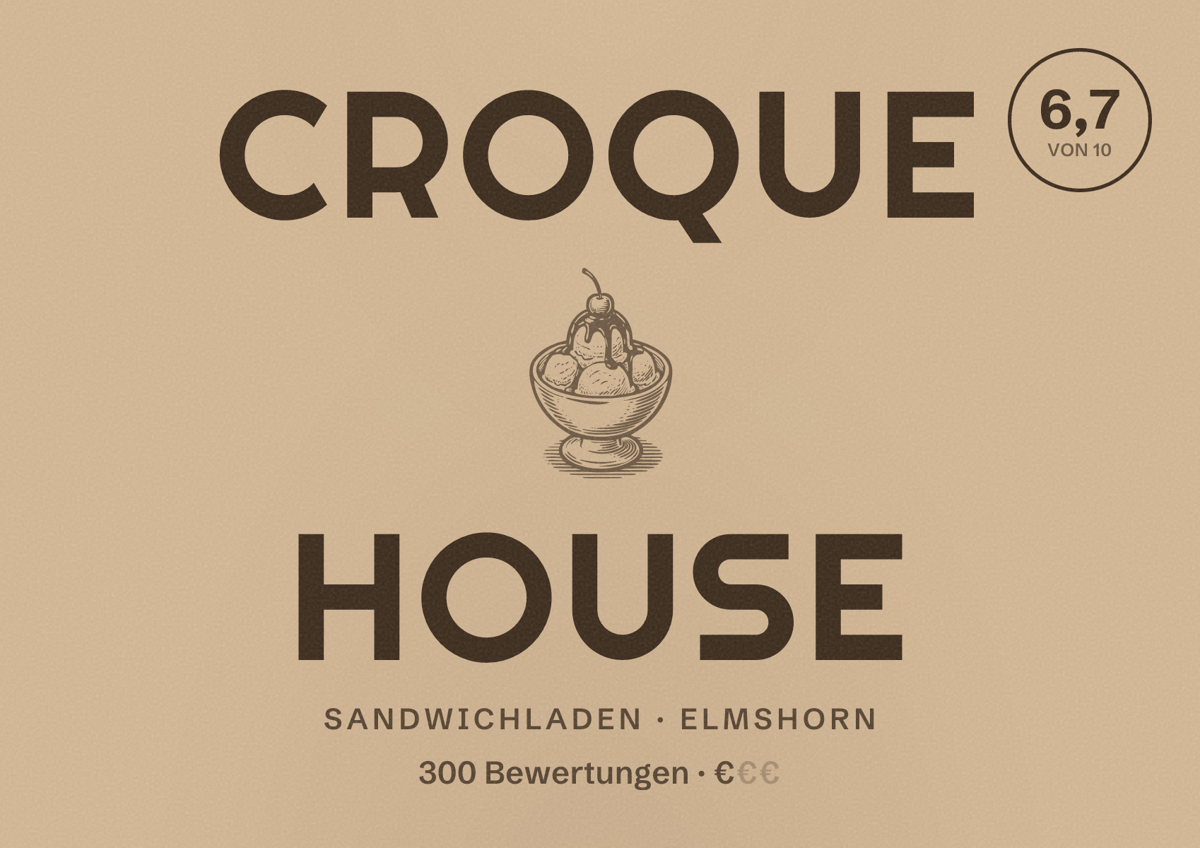 Illustriertes Poster von Croque House, Sandwichladen in Elmshorn: Bewertung 6,7 von 10 aus 300 Bewertungen, Preisniveau €