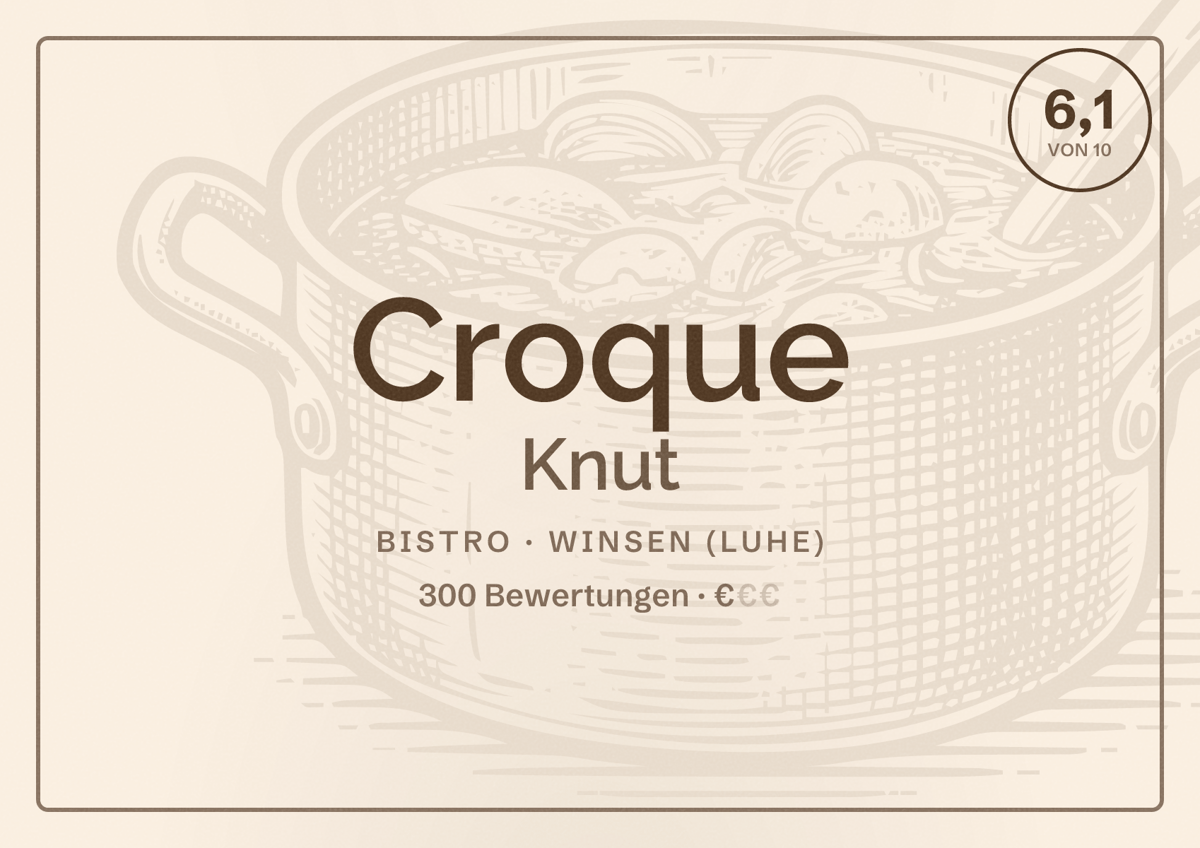 Illustriertes Poster von Croque Knut, Bistro in Winsen (Luhe): Bewertung 6,1 von 10 aus 300 Bewertungen, Preisniveau €