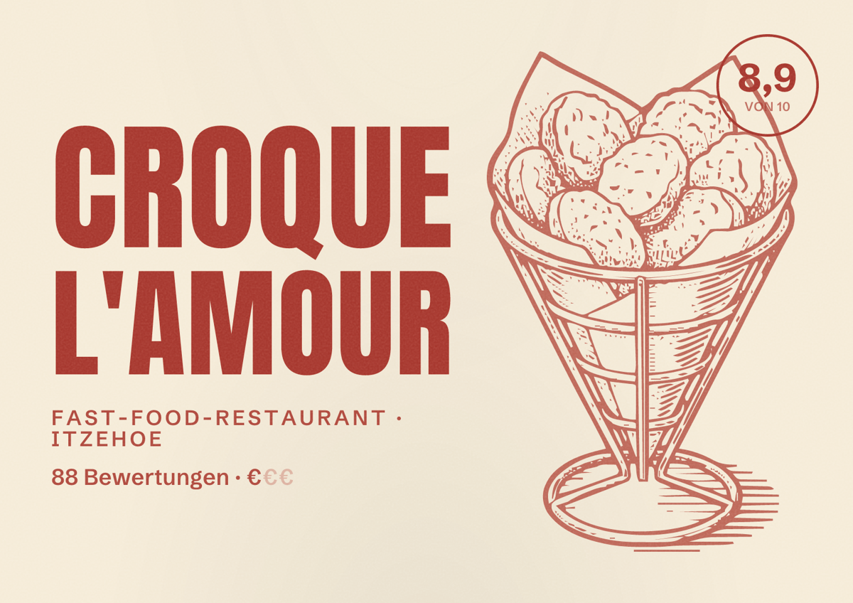 Illustriertes Poster von Croque L'Amour, Fast-Food-Restaurant in Itzehoe: Bewertung 8,9 von 10 aus 88 Bewertungen, Preisniveau €