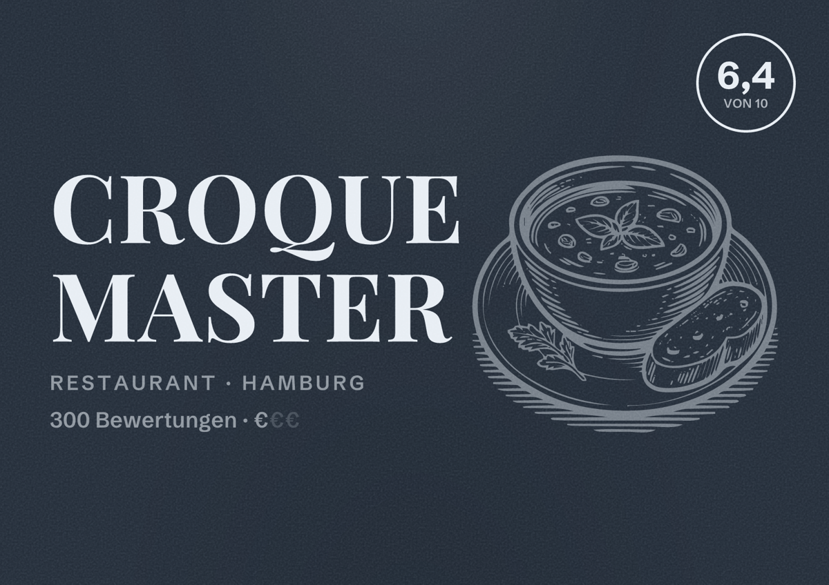 Illustriertes Poster von Croque Master, Restaurant in Hamburg: Bewertung 6,4 von 10 aus 300 Bewertungen, Preisniveau €