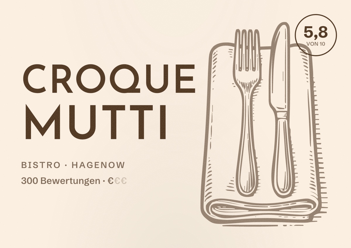 Illustriertes Poster von Croque Mutti, Bistro in Hagenow: Bewertung 5,8 von 10 aus 300 Bewertungen, Preisniveau €
