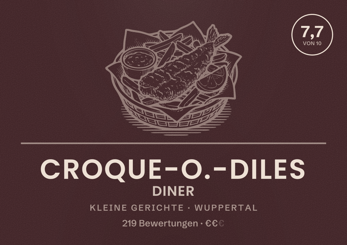 Illustriertes Poster von Croque-O.-Diles Diner, Kleine Gerichte in Wuppertal: Bewertung 7,7 von 10 aus 219 Bewertungen, Preisniveau €€