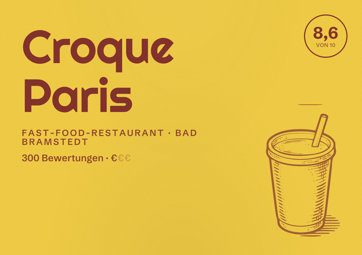 Illustriertes Poster von Croque Paris, Fast-Food-Restaurant in Bad Bramstedt: Bewertung 8,6 von 10 aus 300 Bewertungen, Preisniveau €