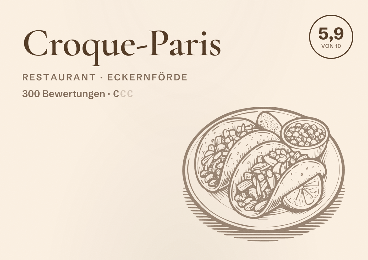 Illustriertes Poster von Croque-Paris, Restaurant in Eckernförde: Bewertung 5,9 von 10 aus 300 Bewertungen, Preisniveau €