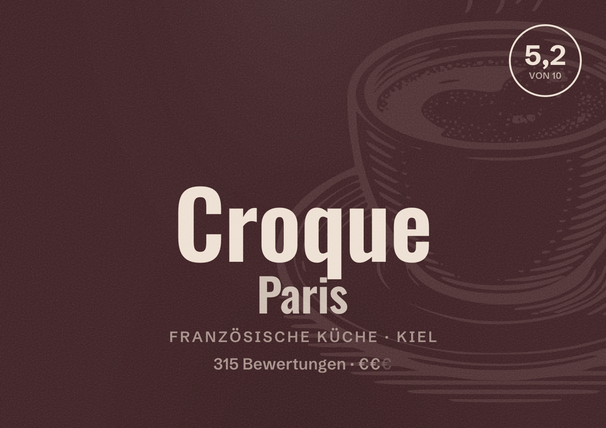 Illustriertes Poster von Croque Paris, Französische Küche in Kiel: Bewertung 5,2 von 10 aus 315 Bewertungen, Preisniveau €€