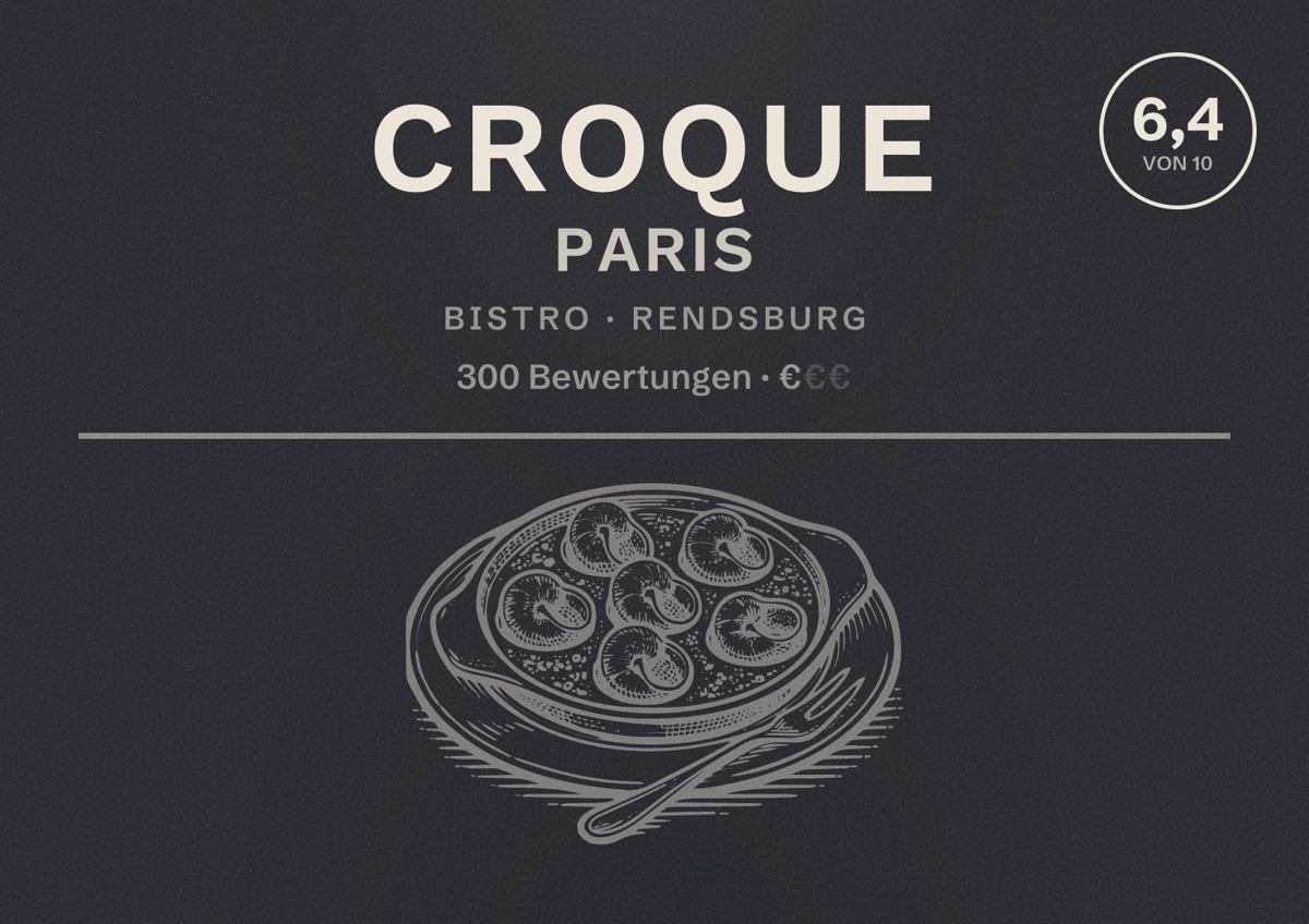 Illustriertes Poster von Croque Paris, Bistro in Rendsburg: Bewertung 6,4 von 10 aus 300 Bewertungen, Preisniveau €