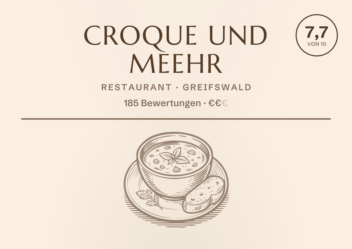 Illustriertes Poster von Croque und Meehr, Restaurant in Greifswald: Bewertung 7,7 von 10 aus 185 Bewertungen, Preisniveau €€