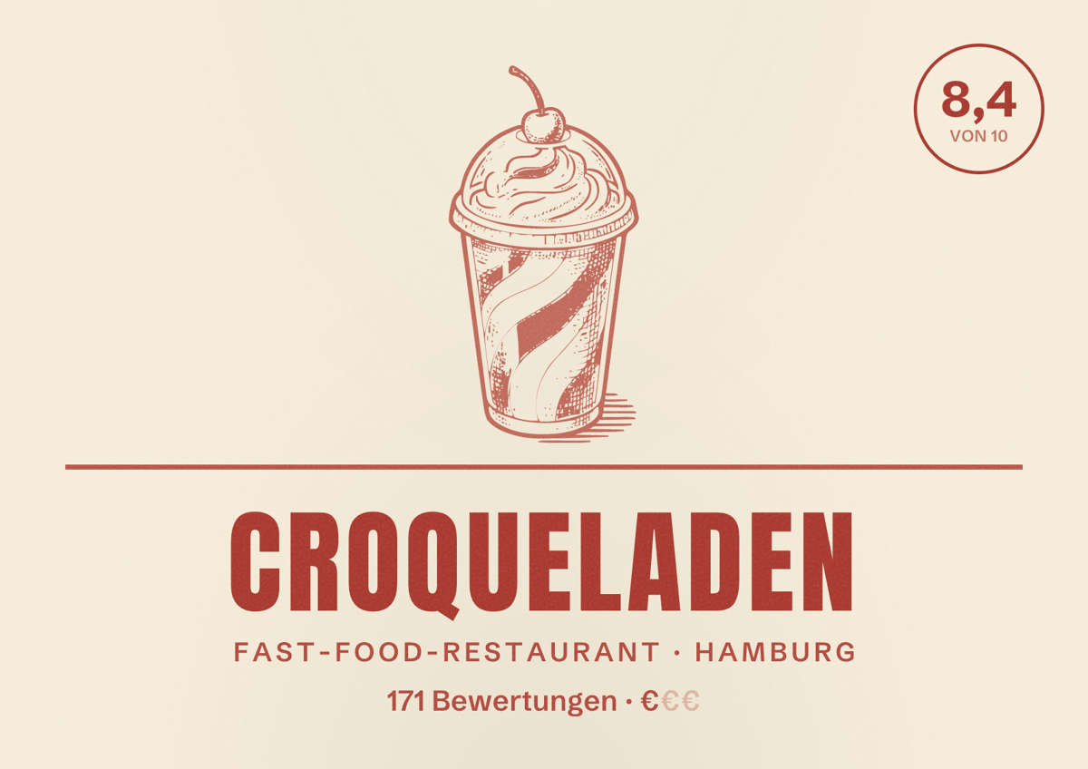 Illustriertes Poster von Croqueladen, Fast-Food-Restaurant in Hamburg: Bewertung 8,4 von 10 aus 171 Bewertungen, Preisniveau €