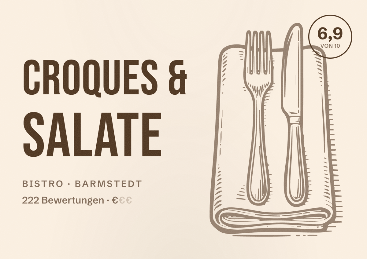 Illustriertes Poster von Croques & Salate, Bistro in Barmstedt: Bewertung 6,9 von 10 aus 222 Bewertungen, Preisniveau €