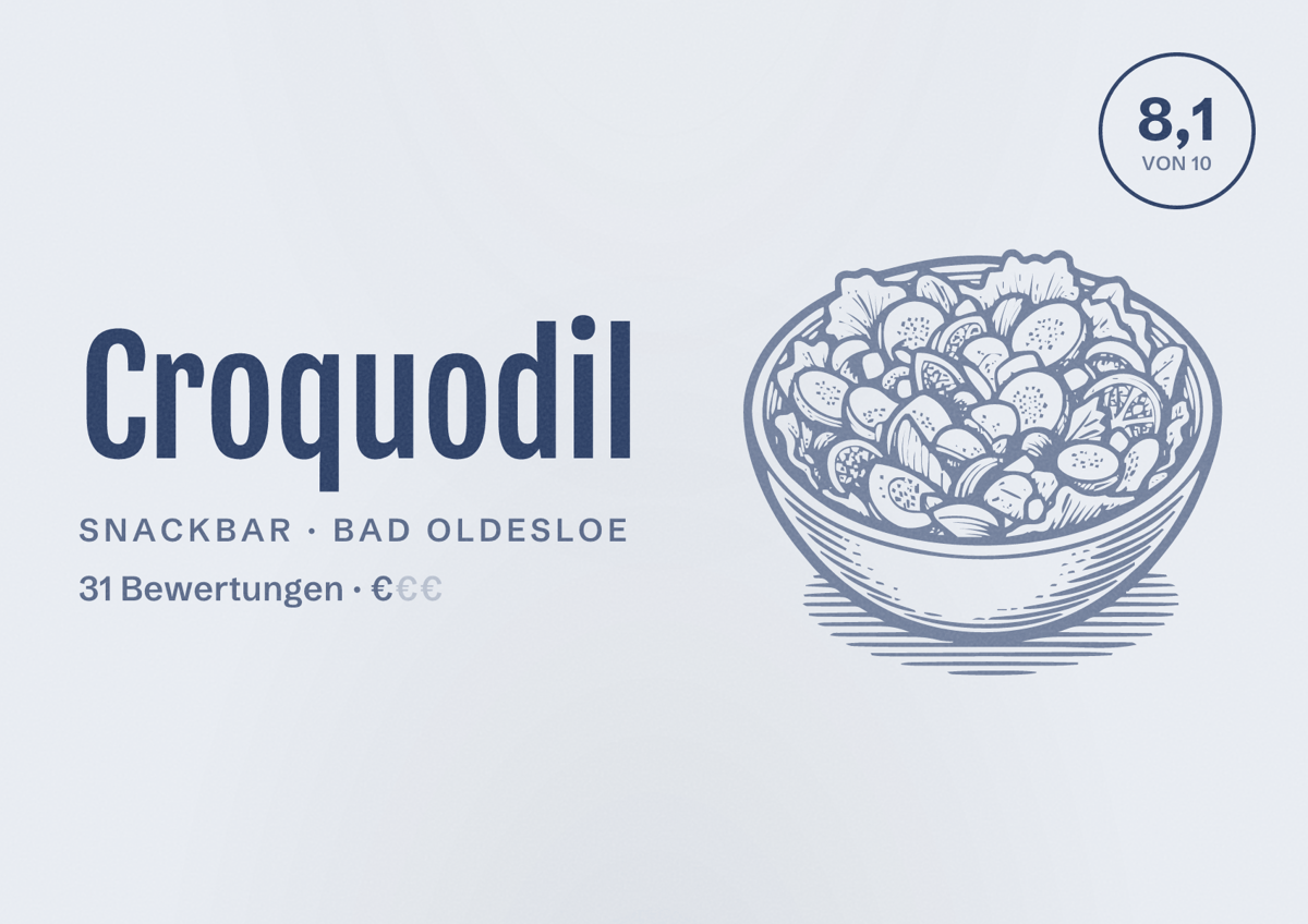 Illustriertes Poster von Croquodil, Snackbar in Bad Oldesloe: Bewertung 8,1 von 10 aus 31 Bewertungen, Preisniveau €