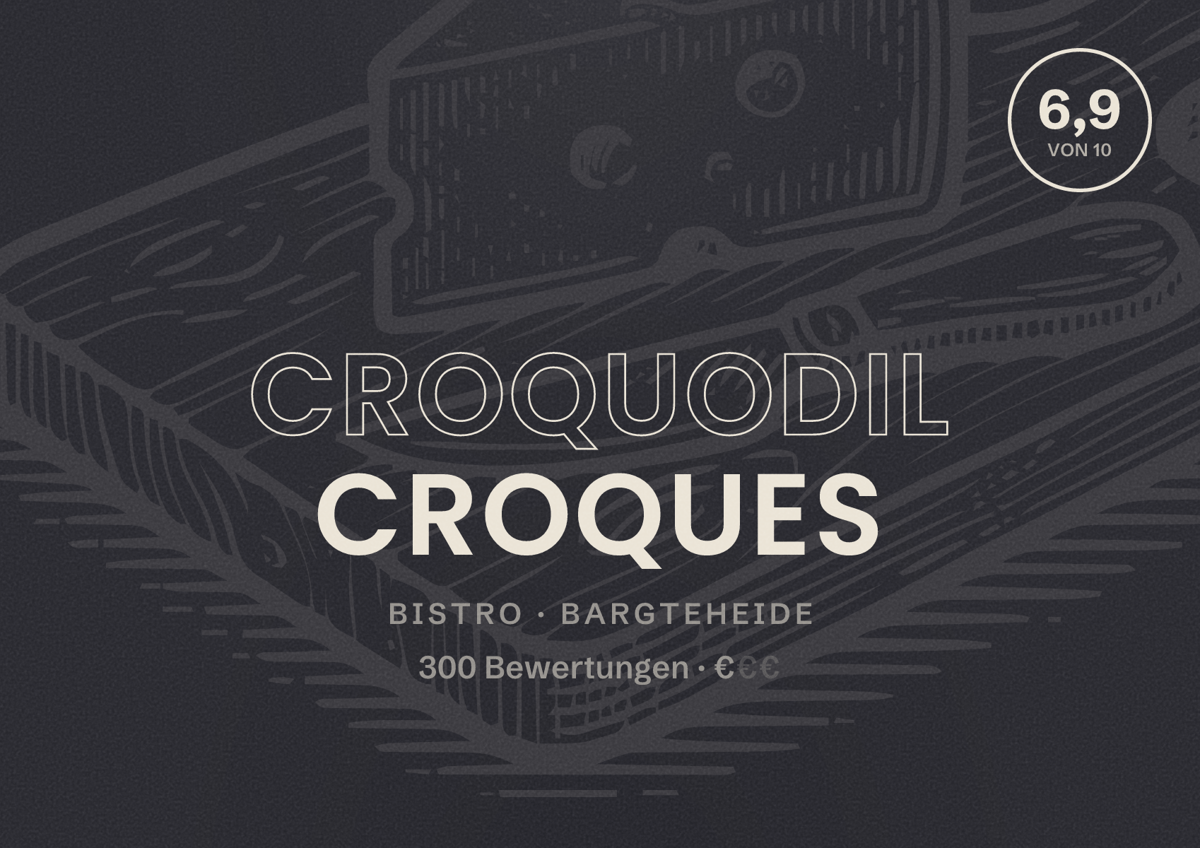 Illustriertes Poster von Croquodil croques, Bistro in Bargteheide: Bewertung 6,9 von 10 aus 300 Bewertungen, Preisniveau €