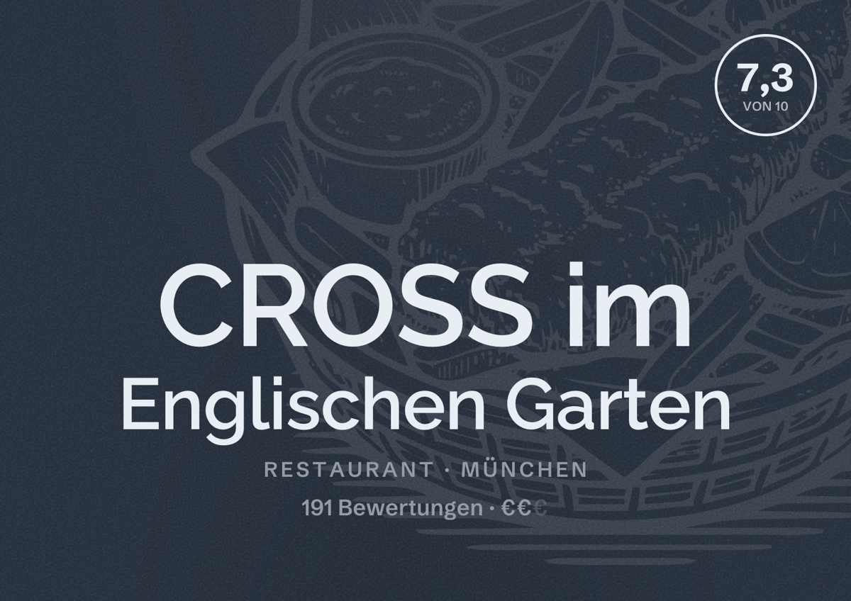 Illustriertes Poster von CROSS im Englischen Garten, Restaurant in München: Bewertung 7,3 von 10 aus 191 Bewertungen, Preisniveau €€