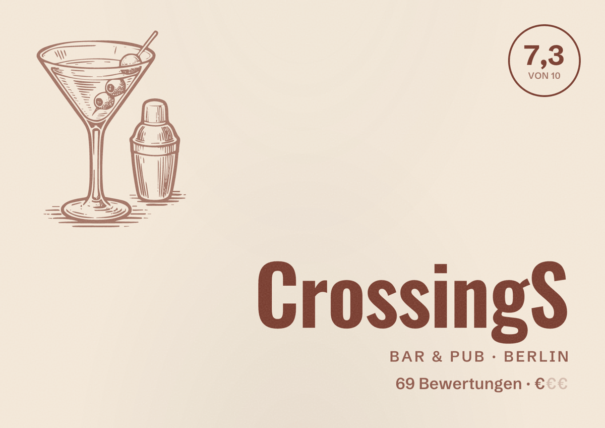 Illustriertes Poster von CrossingS, Bar & Pub in Berlin: Bewertung 7,3 von 10 aus 69 Bewertungen, Preisniveau €