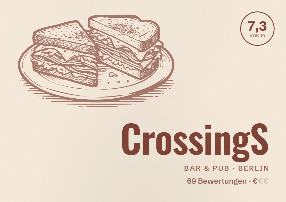 Illustriertes Poster von CrossingS, Bar & Pub in Berlin: Bewertung 7,3 von 10 aus 69 Bewertungen, Preisniveau €