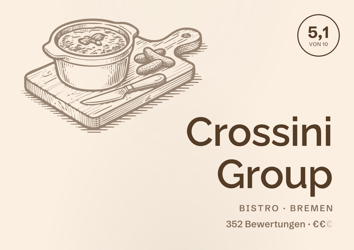 Illustriertes Poster von Crossini Group, Bistro in Bremen: Bewertung 5,1 von 10 aus 352 Bewertungen, Preisniveau €€