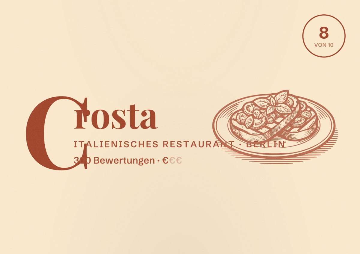 Illustriertes Poster von Crosta, Italienisches Restaurant in Berlin: Bewertung 8,0 von 10 aus 300 Bewertungen, Preisniveau €