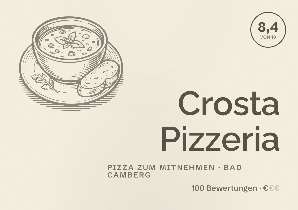 Illustriertes Poster von Crosta Pizzeria, Pizza zum Mitnehmen in Bad Camberg: Bewertung 8,4 von 10 aus 100 Bewertungen, Preisniveau €