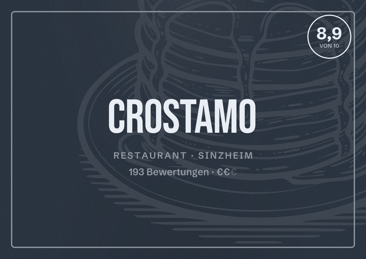 Illustriertes Poster von Crostamo, Restaurant in Sinzheim: Bewertung 8,9 von 10 aus 193 Bewertungen, Preisniveau €€