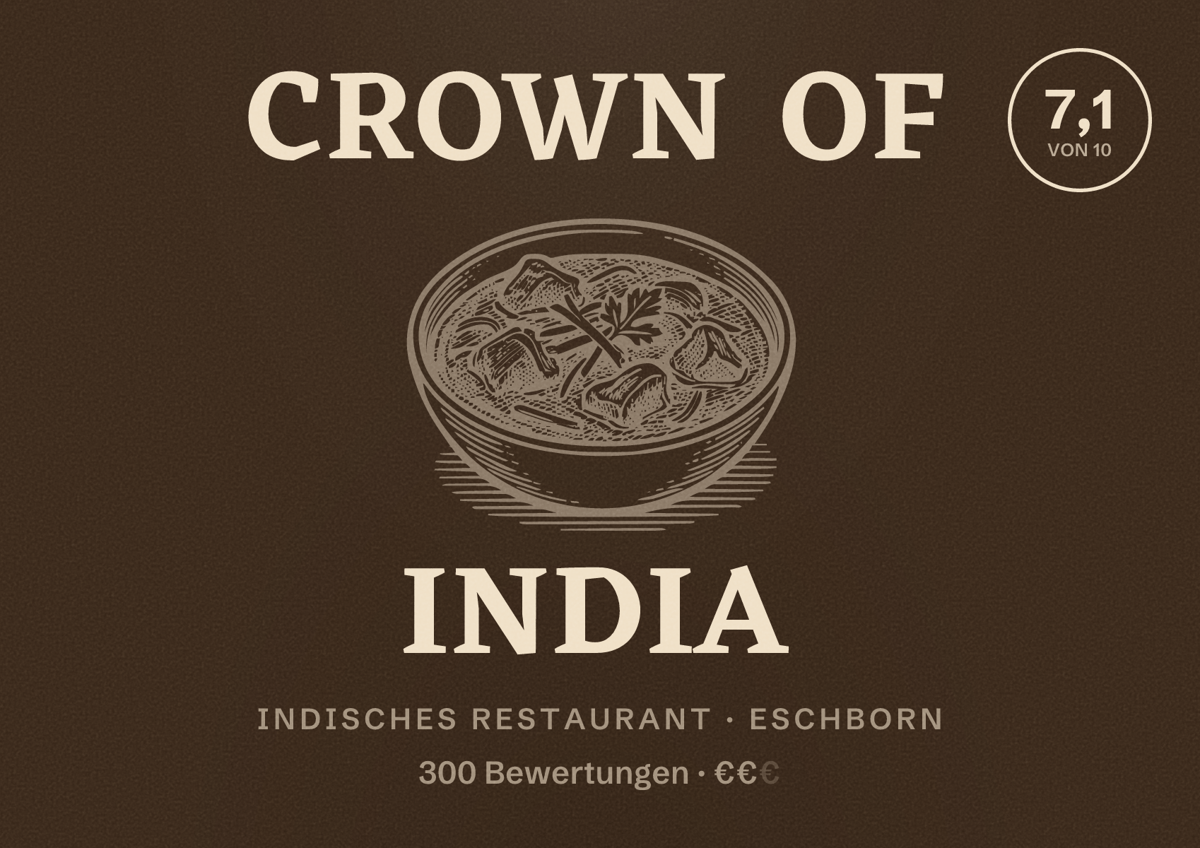 Illustriertes Poster von Crown of India, Indisches Restaurant in Eschborn: Bewertung 7,1 von 10 aus 300 Bewertungen, Preisniveau €€
