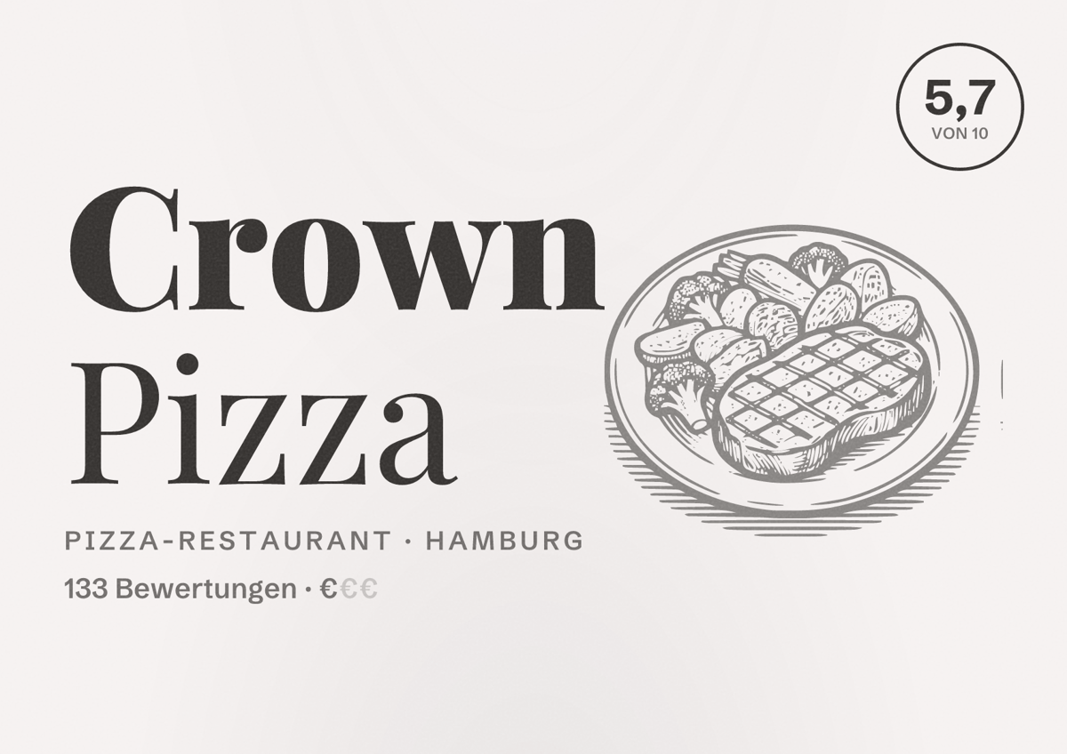 Illustriertes Poster von Crown Pizza, Pizza-Restaurant in Hamburg: Bewertung 5,7 von 10 aus 133 Bewertungen, Preisniveau €