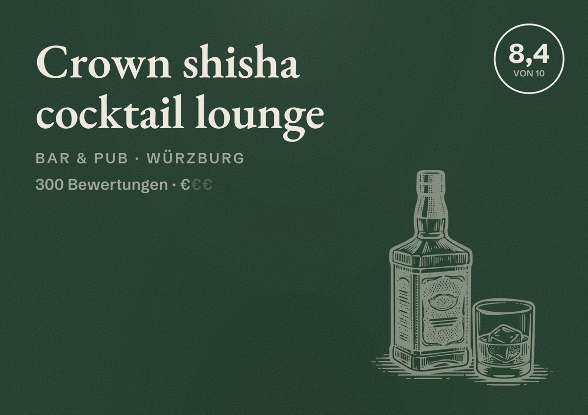 Illustriertes Poster von Crown shisha cocktail lounge, Bar & Pub in Würzburg: Bewertung 8,4 von 10 aus 300 Bewertungen, Preisniveau €