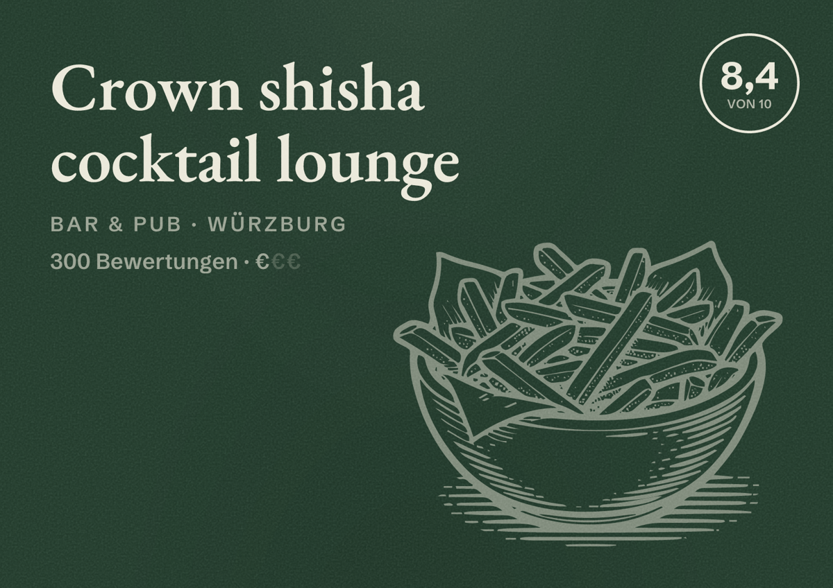 Illustriertes Poster von Crown shisha cocktail lounge, Bar & Pub in Würzburg: Bewertung 8,4 von 10 aus 300 Bewertungen, Preisniveau €