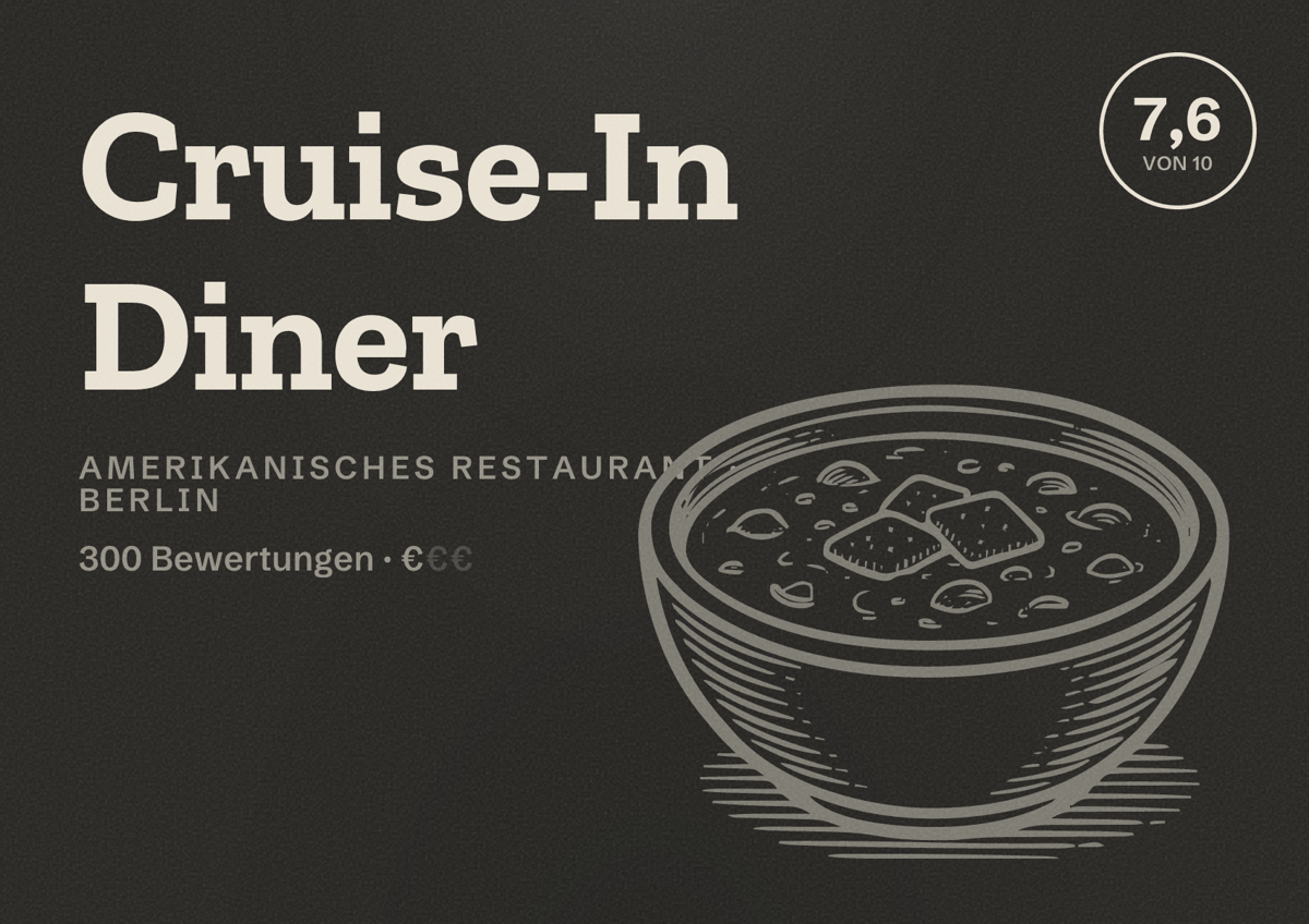 Illustriertes Poster von Cruise-In Diner, Amerikanisches Restaurant in Berlin: Bewertung 7,6 von 10 aus 300 Bewertungen, Preisniveau €