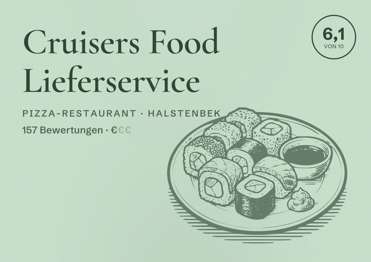 Illustriertes Poster von Cruisers Food Lieferservice, Pizza-Restaurant in Halstenbek: Bewertung 6,1 von 10 aus 157 Bewertungen, Preisniveau €