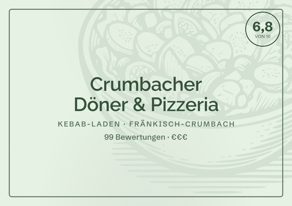 Illustriertes Poster von Crumbacher Döner & Pizzeria, Kebab-Laden in Fränkisch-Crumbach: Bewertung 6,8 von 10 aus 99 Bewertungen, Preisniveau €€€
