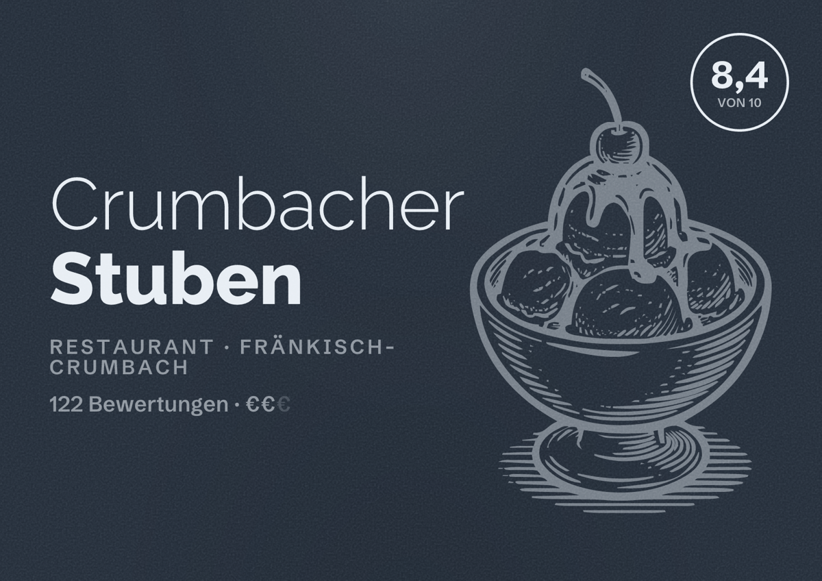 Illustriertes Poster von Crumbacher Stuben, Restaurant in Fränkisch-Crumbach: Bewertung 8,4 von 10 aus 122 Bewertungen, Preisniveau €€