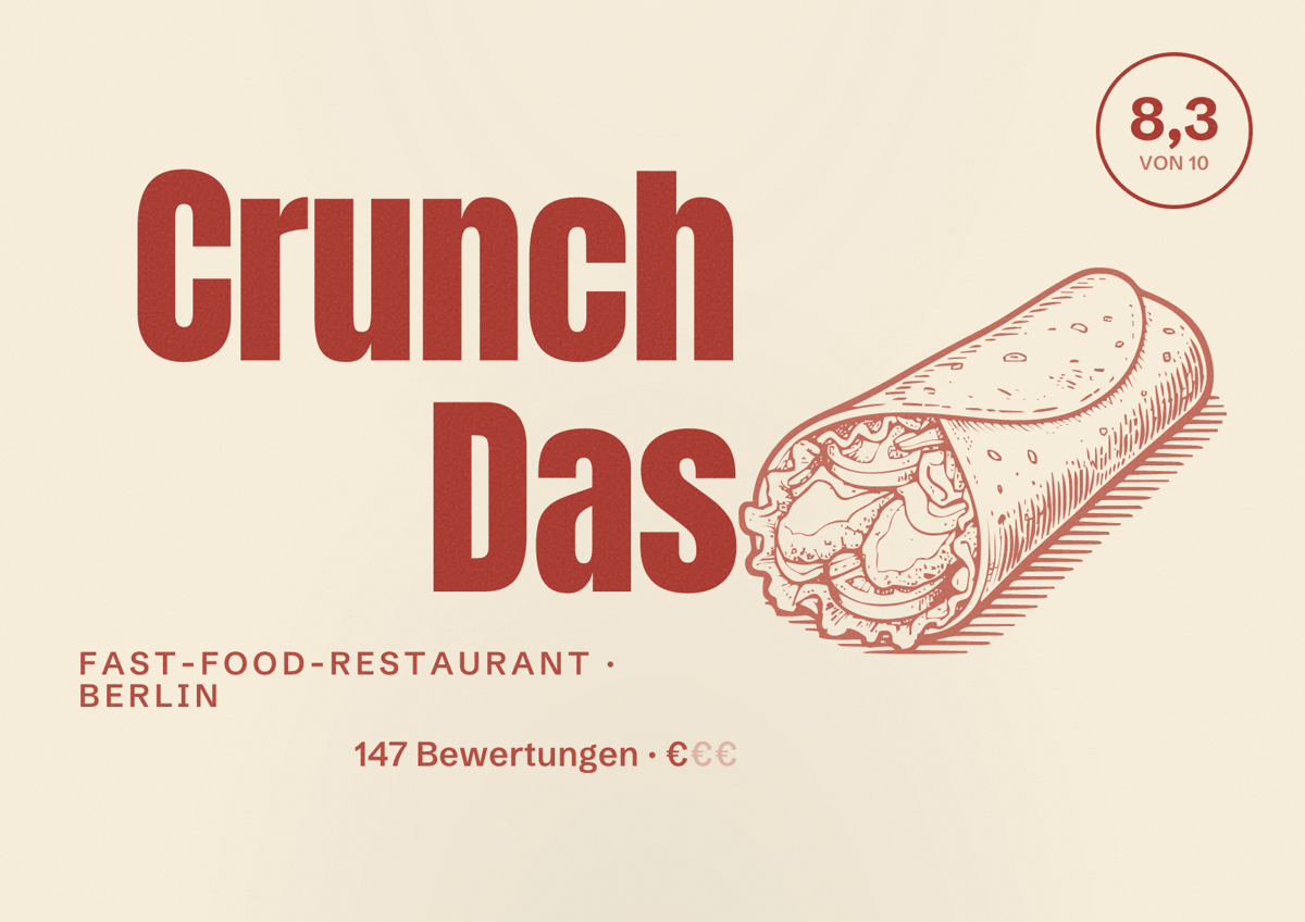 Illustriertes Poster von Crunch Das, Fast-Food-Restaurant in Berlin: Bewertung 8,3 von 10 aus 147 Bewertungen, Preisniveau €