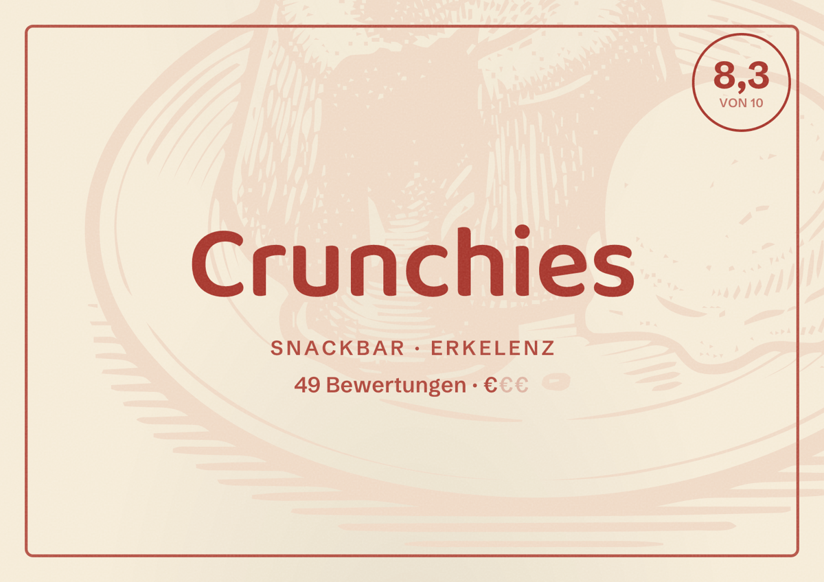 Illustriertes Poster von Crunchies, Snackbar in Erkelenz: Bewertung 8,3 von 10 aus 49 Bewertungen, Preisniveau €