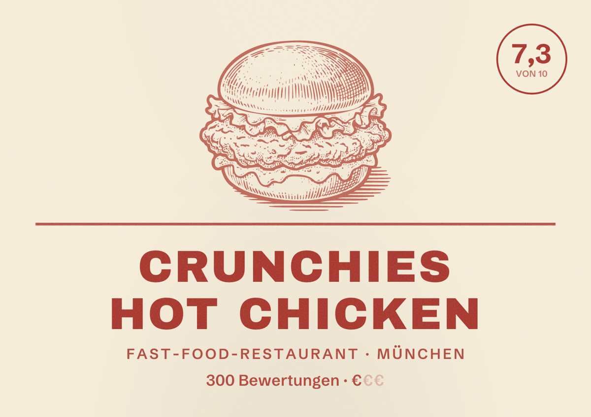 Illustriertes Poster von Crunchies Hot Chicken, Fast-Food-Restaurant in München: Bewertung 7,3 von 10 aus 300 Bewertungen, Preisniveau €