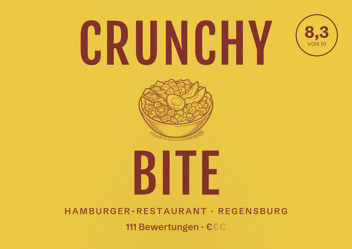 Illustriertes Poster von Crunchy Bite, Hamburger-Restaurant in Regensburg: Bewertung 8,3 von 10 aus 111 Bewertungen, Preisniveau €