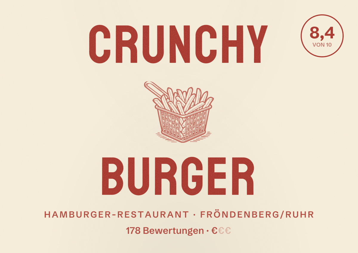 Illustriertes Poster von Crunchy Burger, Hamburger-Restaurant in Fröndenberg/Ruhr: Bewertung 8,4 von 10 aus 178 Bewertungen, Preisniveau €
