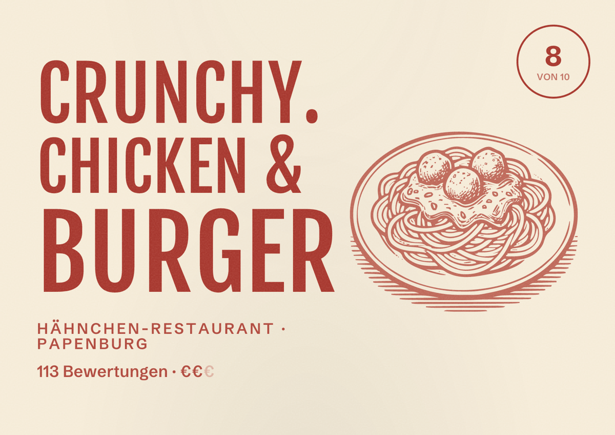 Illustriertes Poster von Crunchy. Chicken & Burger, Hähnchen-Restaurant in Papenburg: Bewertung 8 von 10 aus 113 Bewertungen, Preisniveau €€